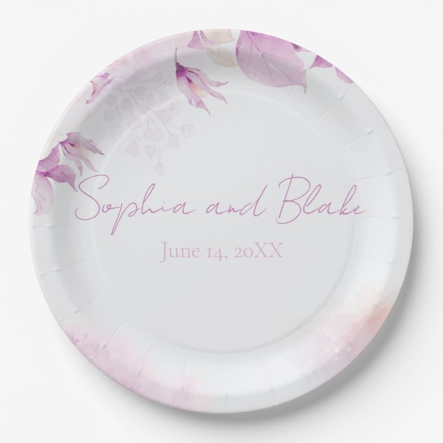Soft Pink Modern Boho Floral and Leaves Wedding Paper Plate (Front)