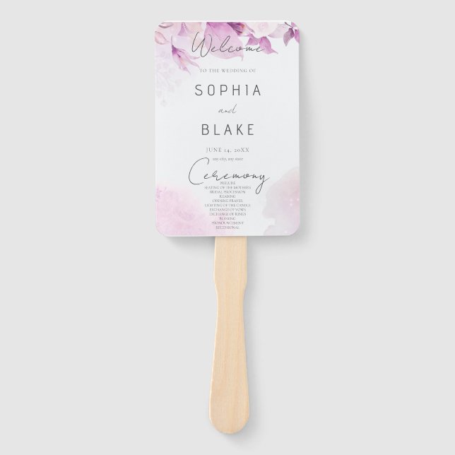 Soft Pink Modern Boho Floral Wedding Program Hand Fan (Front)