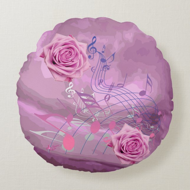 Soft Pink Music Notes & Roses Round Pillow (Front)