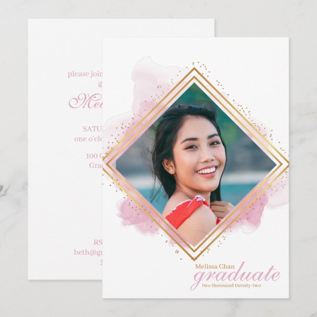 Soft Pink Pastel and Gold Diamond Graduation Invit Invitation (Front/Back)