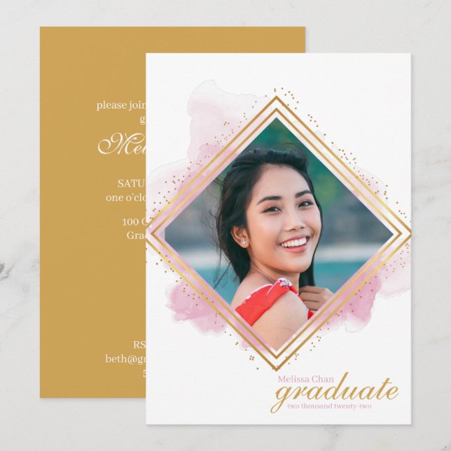 Soft Pink Pastel and Gold Diamond Graduation Invit Invitation (Front/Back)