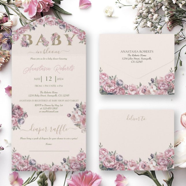 Soft Pink Peonies Elegant Floral Baby Shower All In One Invitation (Creator Uploaded)