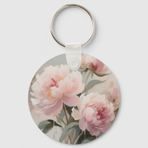 Soft Pink Peonies Floral Art Key Ring