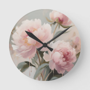 Soft Pink Peonies Floral Art Round Clock