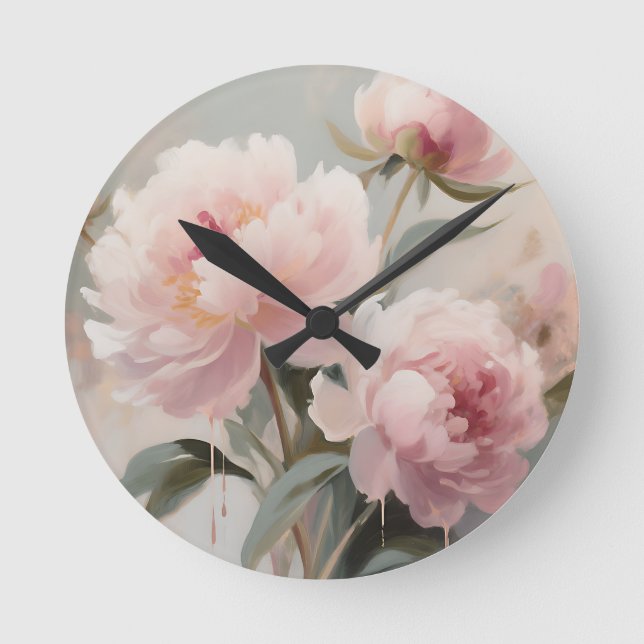 Soft Pink Peonies Floral Art Round Clock (Front)