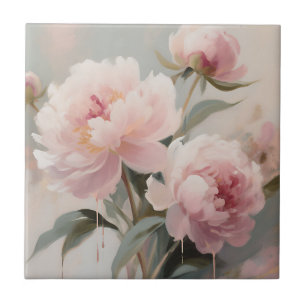 Soft Pink Peonies Floral Art Tile