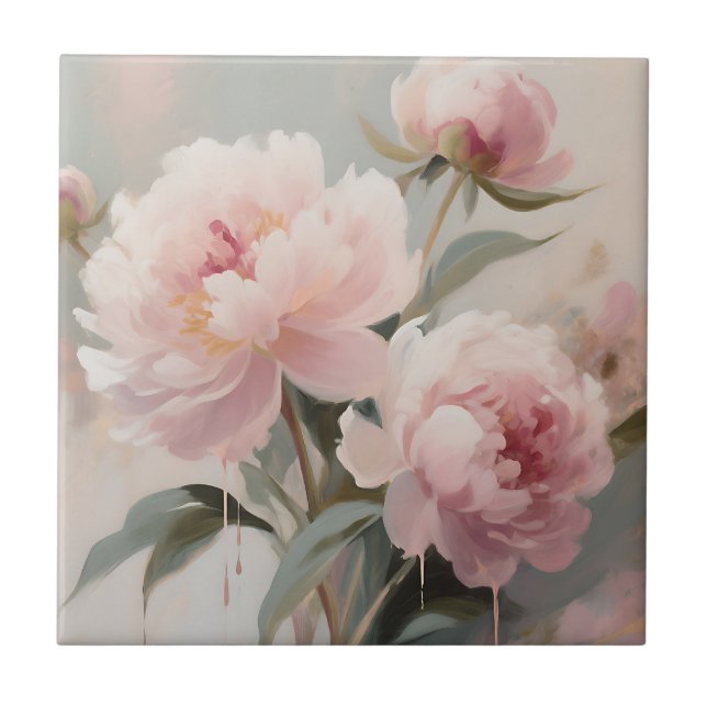 Soft Pink Peonies Floral Art Tile (Front)