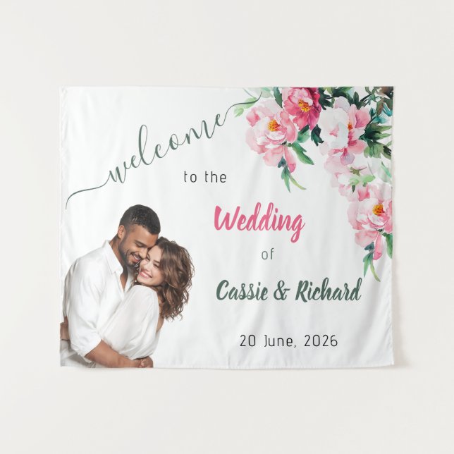 Soft Pink Peony & Eucalyptus Floral Wedding Banner Tapestry (Front (Horizontal))