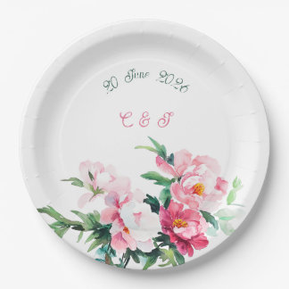 Soft Pink Peony & Eucalyptus Floral Wedding Paper Plate
