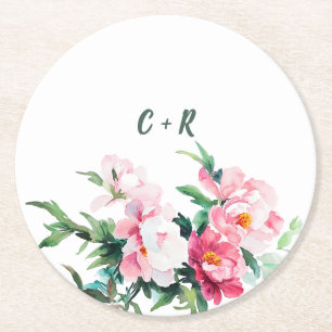 Soft Pink Peony & Eucalyptus Floral Wedding Round Paper Coaster