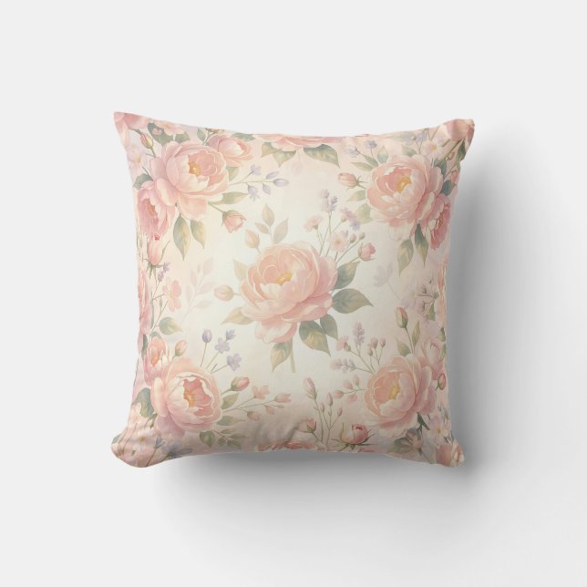 Soft Pink Peony Floral Pattern Cushion (Front)