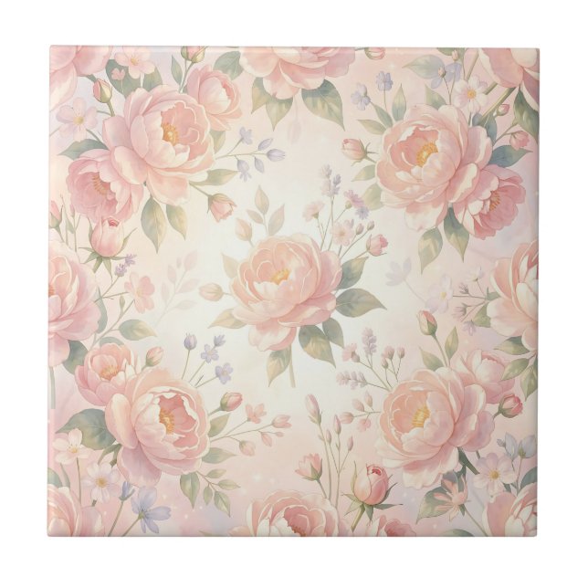 Soft Pink Peony Floral Pattern Tile (Front)