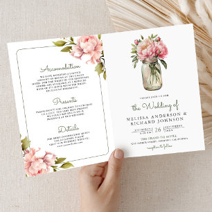 Soft Pink Peony Flowers Mason Jar QR Code Wedding Invitation