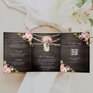 Soft Pink Peony Mason Jar QR Code Wood Wedding Tri-Fold Invitation