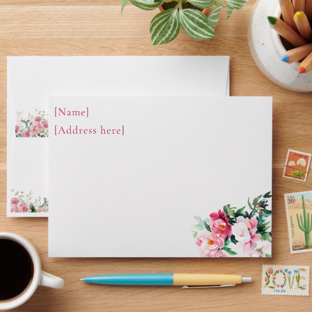 Soft Pink Peony, Roses & Eucalyptus Floral Wedding Envelope (Desk)