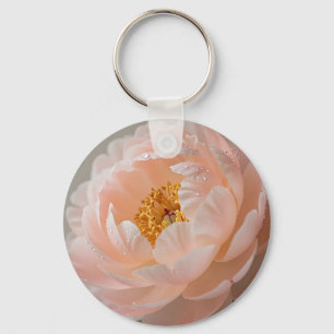 Soft Pink Peony with Dewdrops Key Ring