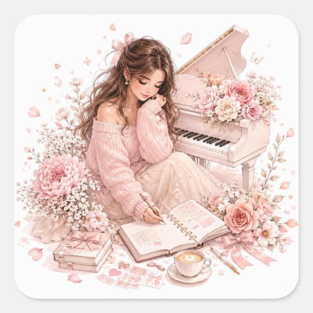 Soft Pink Piano Floral Sticker Sheet (Front)
