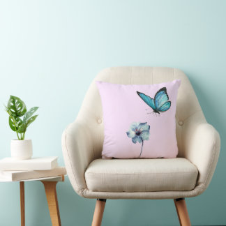 Soft Pink Pillow with Blue Flower and Butterfly