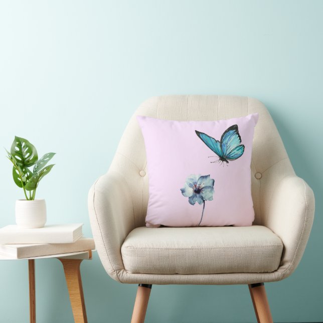 Soft Pink Pillow with Blue Flower and Butterfly (Chair)