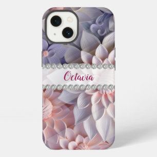 Soft pink & purple 3D flowers, diamond frame iPhone 13 Case