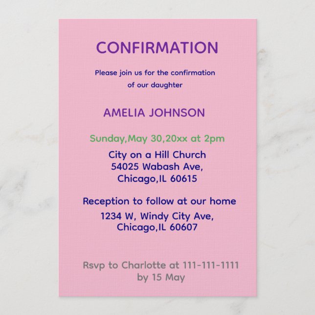 Soft Pink & Purple Confirmation Invitation (Front)