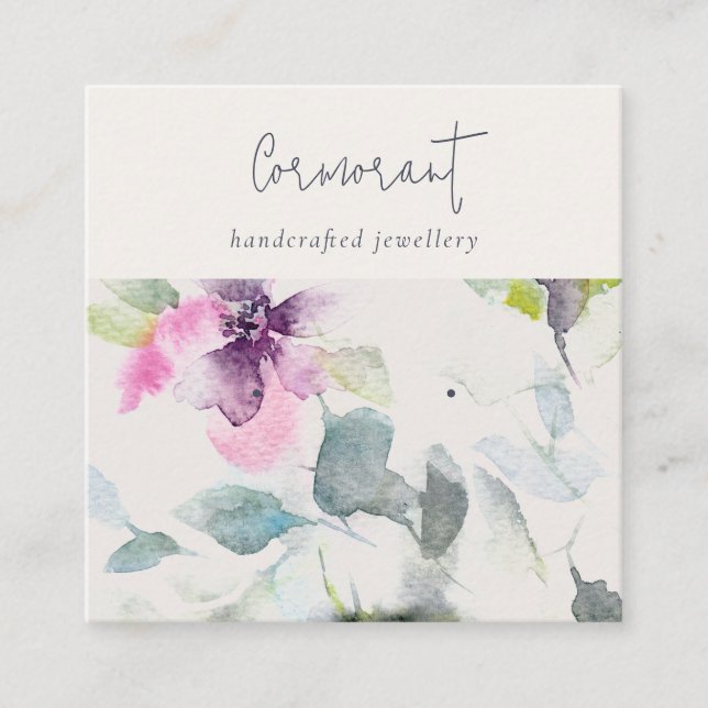 Soft Pink Purple Floral Script Earring Stud Holder Square Business Card (Front)