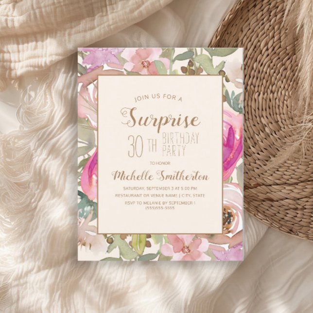 Soft Pink Purple Floral Surprise 30th Birthday Invitation (Pink watercolor floral and sage green leaves surprise 30th birthday party invitation)