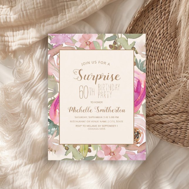 Soft Pink Purple Floral Surprise 60th Birthday Invitation (Pink watercolor floral and sage green leaves surprise 60th birthday party invitation)