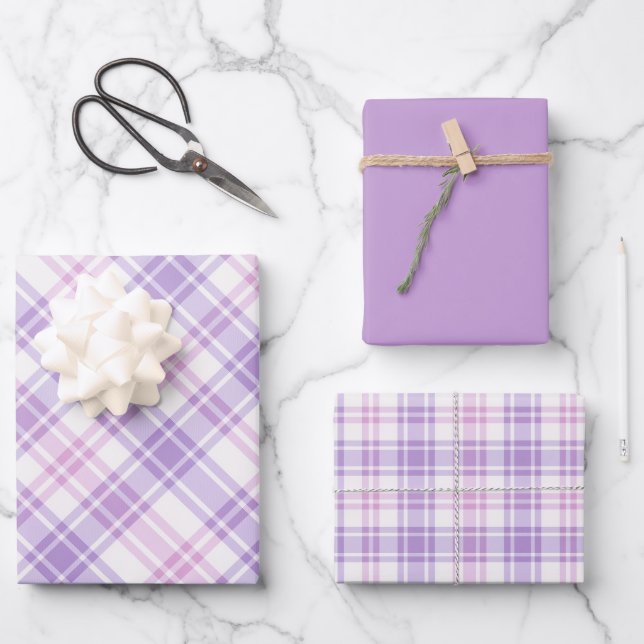 Soft Pink, Purple & White Plaid Wrapping Paper Sheet (Front)