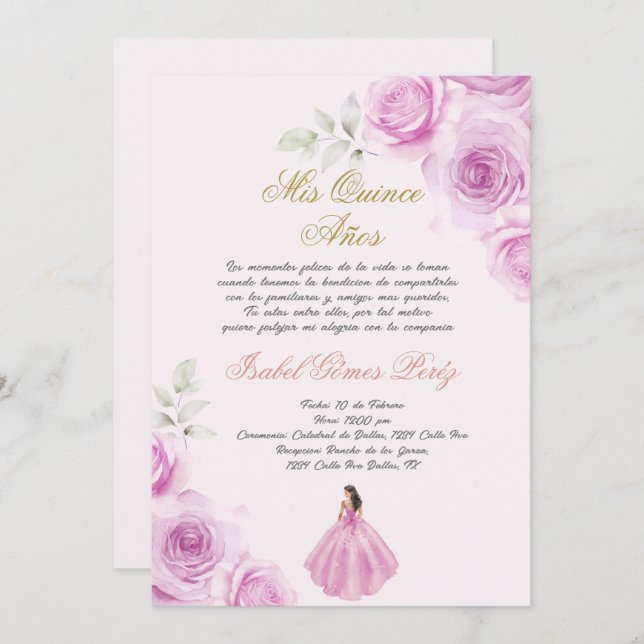 Soft pink Quinceanera Spanish Invitation (Front/Back)