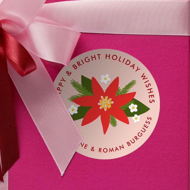 Soft Pink Red Poinsettia Christmas Holiday Gift Classic Round Sticker (soft shell pink modern poinsettia custom text Christmas gift sticker)