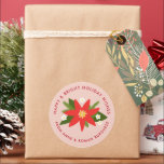 Soft Pink Red Poinsettia Christmas Holiday Gift Classic Round Sticker<br><div class="desc">Add a personal touch to all your holiday gifts this Christmas season with this large,  personalised sticker label. A background of pretty blush pink and a central red poinsettia with green pine branches,  leaves and little blossoms are the centerpiece of this gift wrap sticker.</div>