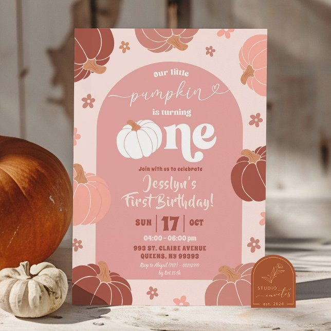Soft Pink Retro Pumpkin Floral 1st Birthday  Invitation (Creator Uploaded)