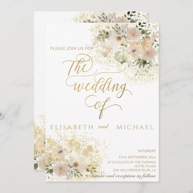 Soft pink romantic floral gold calligraphy invitation (Front/Back)