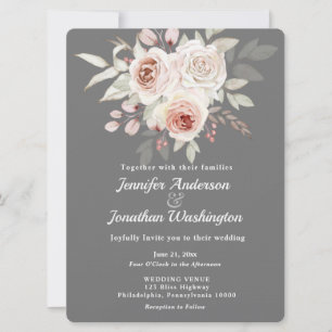 Soft Pink Romantic Rose on Grey Wedding Invitation