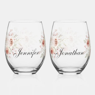 Soft Pink Romantic Rose on White Wedding Stemless Wine Glass