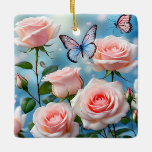 Soft Pink Rose Flower Blue Butterfly Ceramic Ornament