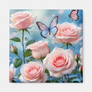 Soft Pink Rose Flower Blue Butterfly Magnet