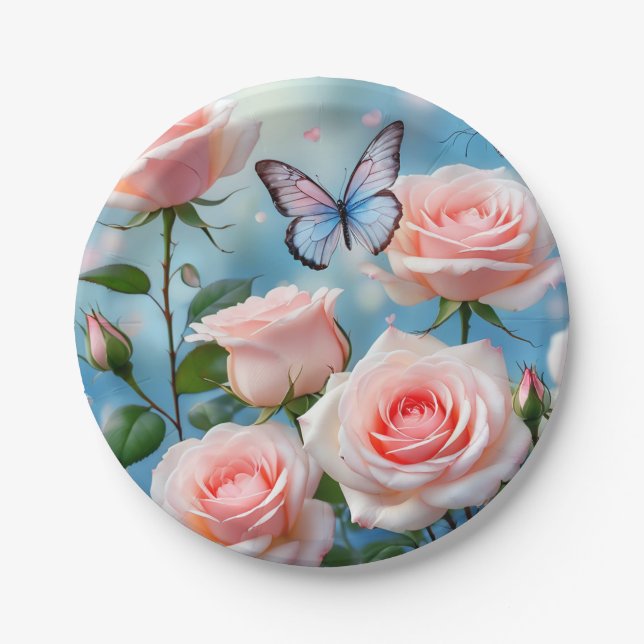 Soft Pink Rose Flower Blue Butterfly Paper Plate (Front)