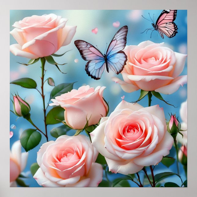 Soft Pink Rose Flower Blue Butterfly Poster (Front)