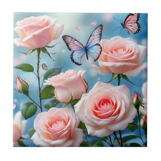 Soft Pink Rose Flower Blue Butterfly Tile (Front)