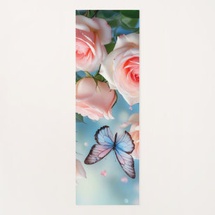 Soft Pink Rose Flower Blue Butterfly Yoga Mat