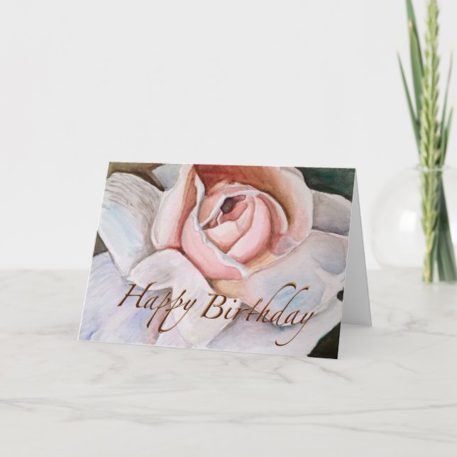 Soft Pink Rose in Watercolor—Happy Birthday Card (Front)