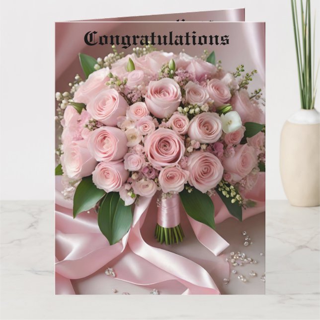 Soft Pink Rose Wedding Bouquet, Card (Front)