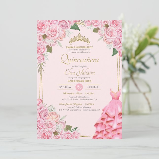 Soft Pink Roses Blush and Gold Floral Quinceañera Invitation (Standing Front)