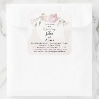 Soft Pink Roses & Bride and Groom Collection Square Sticker
