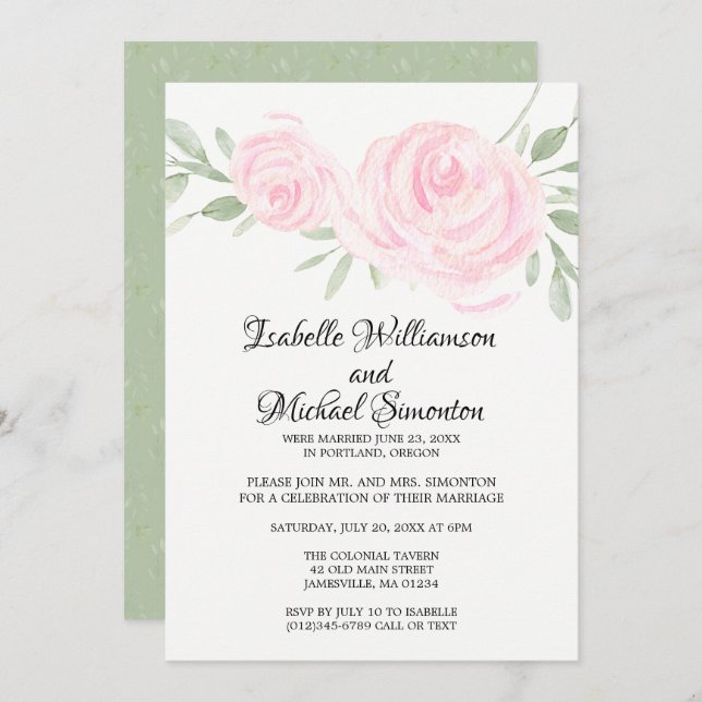 Soft Pink Roses Elopement Reception Invitation (Front/Back)