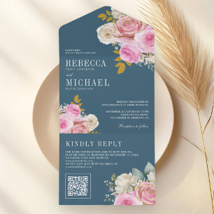 Soft Pink Roses Floral QR Code Dusty Blue Wedding All In One Invitation
