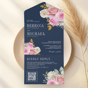 Soft Pink Roses Floral QR Code Navy Blue Wedding All In One Invitation