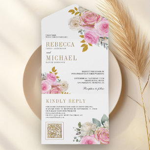 Soft Pink Roses Floral QR Code Wedding All In One Invitation
